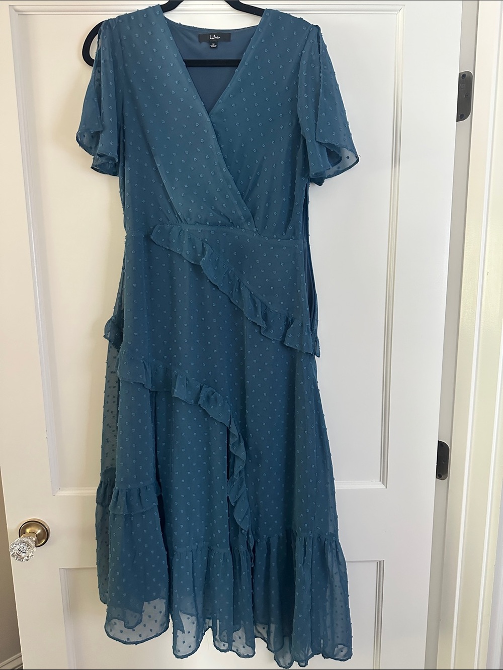 Lulu's Teal Ruffle Wrap Midi Dress with Dot Texture